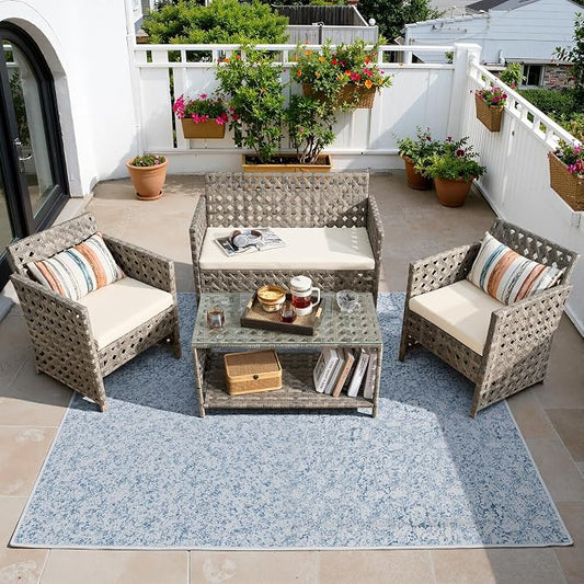 HOOOWOOO 4 Pieces Patio Furniture Set,PE Wicker Outdoor Conversation Sets,Weather Resistant Loveseat with High Back Chairs Table for Porch Balcony Yard Deck,Beige