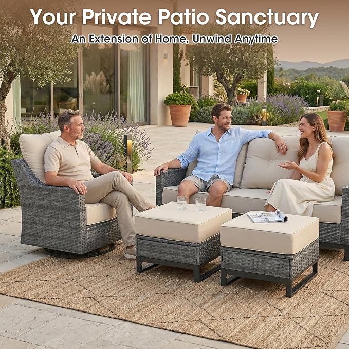 6 Piece Patio Furniture Set with Fire Pit, Grey Wicker Outdoor Conversation Set with 2 Swivel Rocker Chairs, Sofa, 2 Ottomans and Rectangular 60,000 BTU Fire Pit Table for Porch, Deck