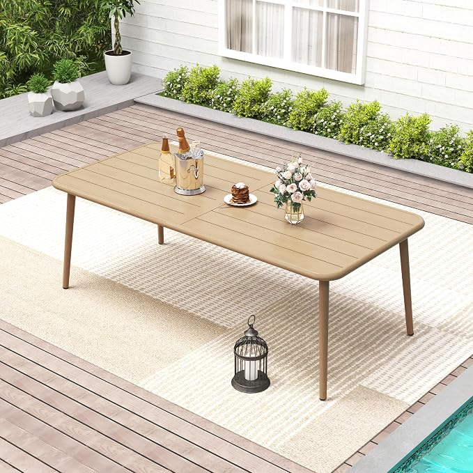 Outdoor Dining Table for 8, Large Rectangular Aluminum Patio Table with Umbrella Hole, 8-Person Rustproof Wood-Like Aluminum Dining Table for Lawn Garden Backyard