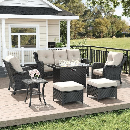 LayinSun 7 Piece Wicker Outdoor Furniture Set with 6-inch Comfy Cushions, High Back Patio Furniture Set with Rattan Armchairs and Fire Pit Table