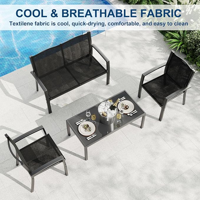 Garvee 4 Piece Patio Bistro Furniture Set, Outdoor Conversation Set with 3 Chairs, Loveseat & Glass Coffee Table, All-Weather Textilene Fabric & Steel Frame for Backyard, Poolside, Porch, Lawn - Black