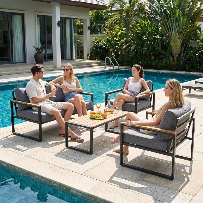Furnimart 4-Piece Metal Patio Conversation Set, Deep Seating Outdoor Sofa with Coffee Table, Modern Small Space Furniture for Backyard, Deck, Poolside, Porch (Gray)