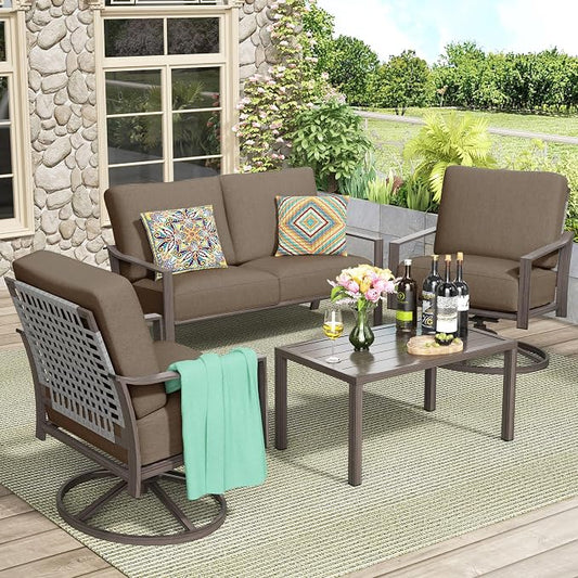 NATURAL EXPRESSIONS Patio Furniture Set,4 Piece Outdoor Conversation Metal Swivel Rocking Chairs Set with Hand-Woven Rope High Back,Sturdy Hand Brushed Wood Grain Finish Frame,6" Cushions for Yard