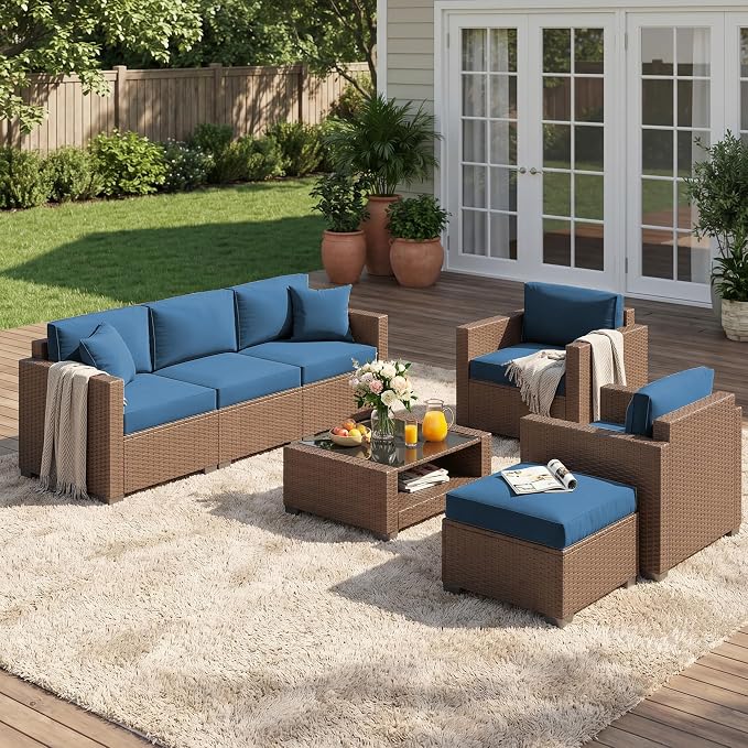 Patio Furniture Set, 7-Piece Outdoor Sectional Couch with Coffee Table & Thick Cushions, Outdoor Wicker Conversation Set for Backyard, Poolside, Garden (Brown-Peacock Blue, 7 Piece-Double)