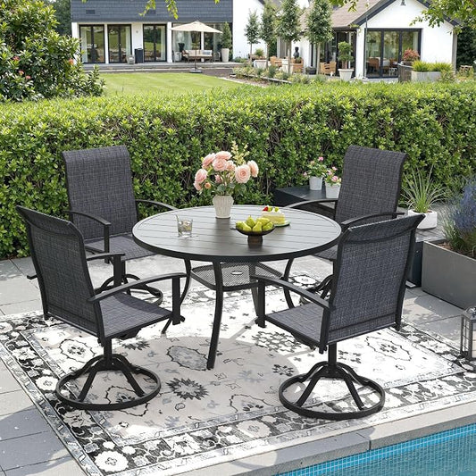 DIFY 5 Pieces Outdoor Dining Set for 4, 40.6" Black Round Metal Table with Umbrella Hole and Dark Grey Textilene Swivel Patio Chairs, Patio Table and Chairs Set for Garden, Backyard, Poolside