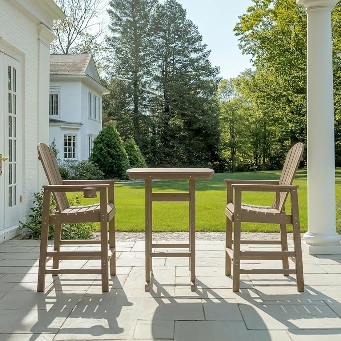 3-Piece HDPE Bar Height Table and Chairs Set, 42.1" Square High Top Pub Table with Umbrella Hole, 2 Adirondack Charis with Cup Holders, Outdoor Patio Dining Set for Bistro Backyard Deck Barnwood