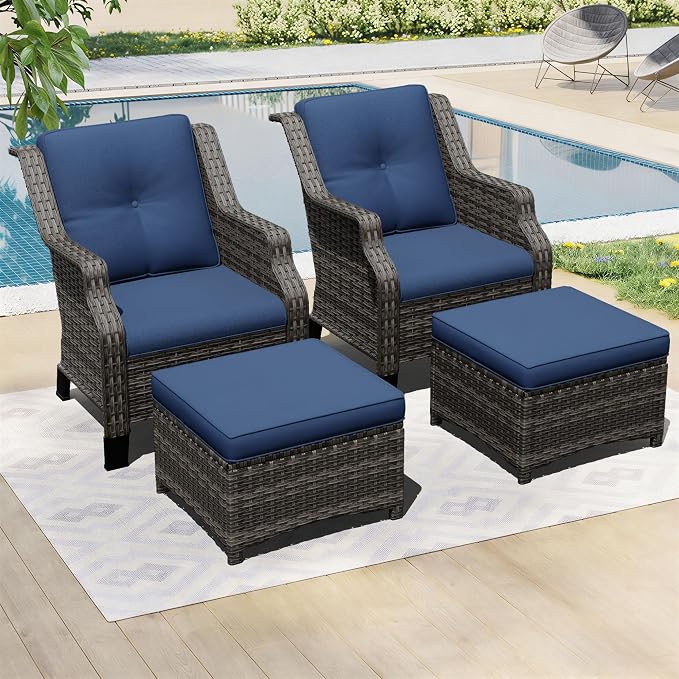 Outdoor Patio Furniture Set, 4 Piece Wicker Patio Furniture with Thick Cushions, Curved Armrest, Deep Seating, Rattan Outdoor Chairs for Porch, Deck, Balcony