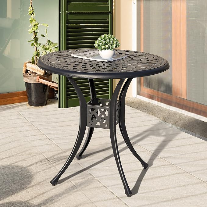 NUU GARDEN 30 Inch Patio Dining Table, Cast Aluminum Round Outdoor Table with Umbrella Hole for Patio, Backyard, Deck Black