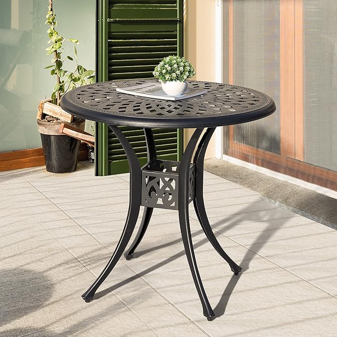 NUU GARDEN 30" Round Patio Bistro Table, Cast Aluminum Round Outdoor Bistro Table with Ice Bucket Function and Umbrella Hole for Poolside, Deck, Backyard, Balcony, Black with Gold Point