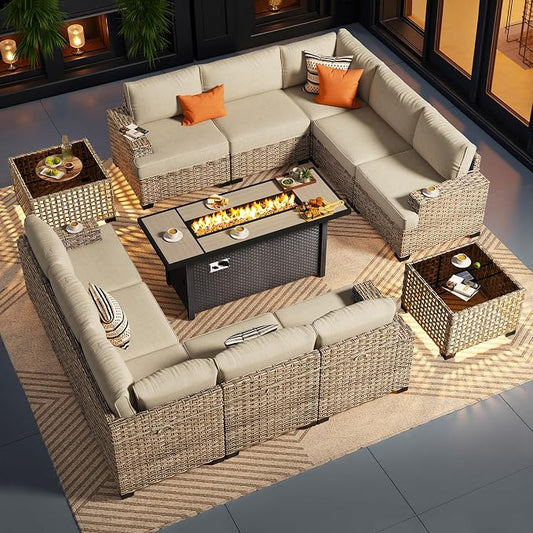 CAODOC Outdoor Sectional Patio Furniture Set with Fire Pit Table,13 Pieces Wicker Conversation Sets L Shaped Couch,Extra Deep Out Door Sofa Outside Furniture, Beige