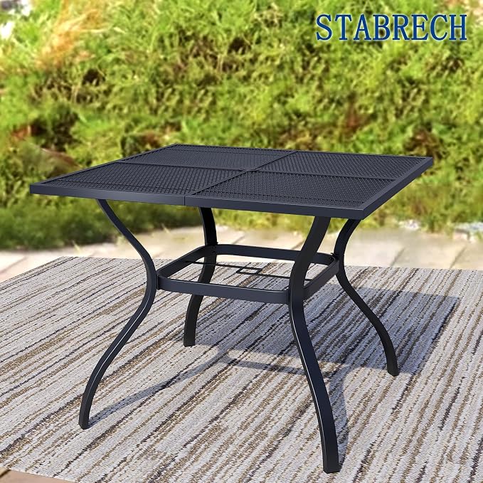 37.5" Square Patio Table with Umbrella Hole, Metal Mesh Outdoor Dining Table for Garden, Backyard and Deck, 4 Person Round Patio Dining Table for Outside, Black