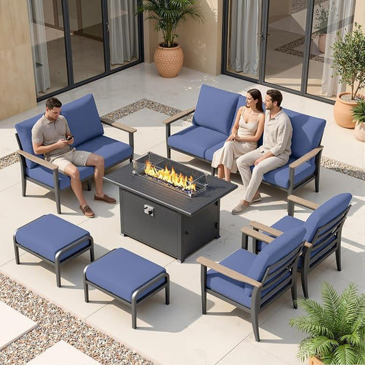 Aluminum Outdoor Patio Furniture Set, 7-Piece Sectional Sofa with 5.1" Thick Cushions, Ottomans, 55,000 BTU Propane Fire Pit Table, Outdoor Couch for Backyard, Deck, Navy Blue