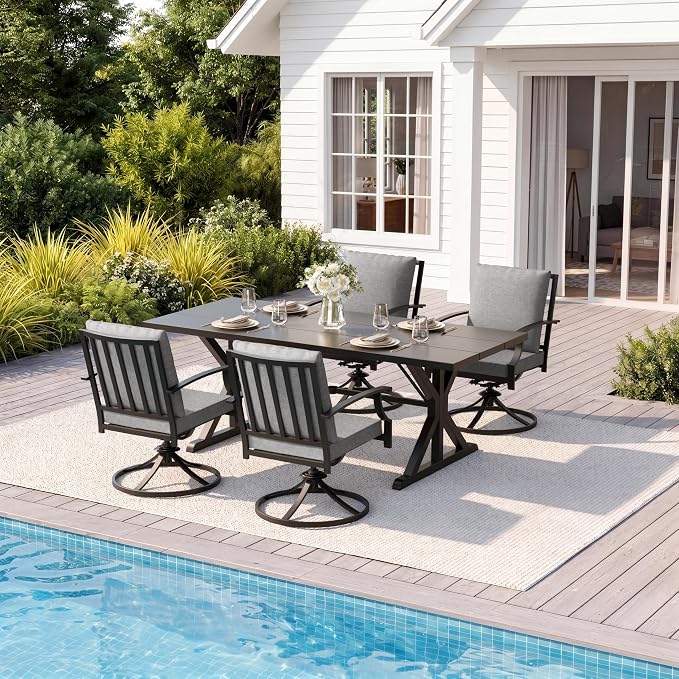 5 Pieces Patio Dining Set Outdoor Conversation Set,Metal Outdoor Furniture Set with Umbrella Hole Cut-Out 78.7" x 35.4" Table and 4 Metal Backrest Swivel Chairs for Backyard,Garden,Grey