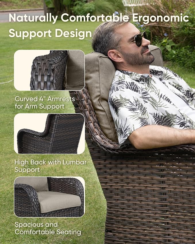 HUMMUH 10 Pieces Patio Furniture Set with Fire Pit High Back Wicker Outdoor Furniture Set Swivel Rocker Chairs 3-Seater Couch for Porch,Deck,Backyard