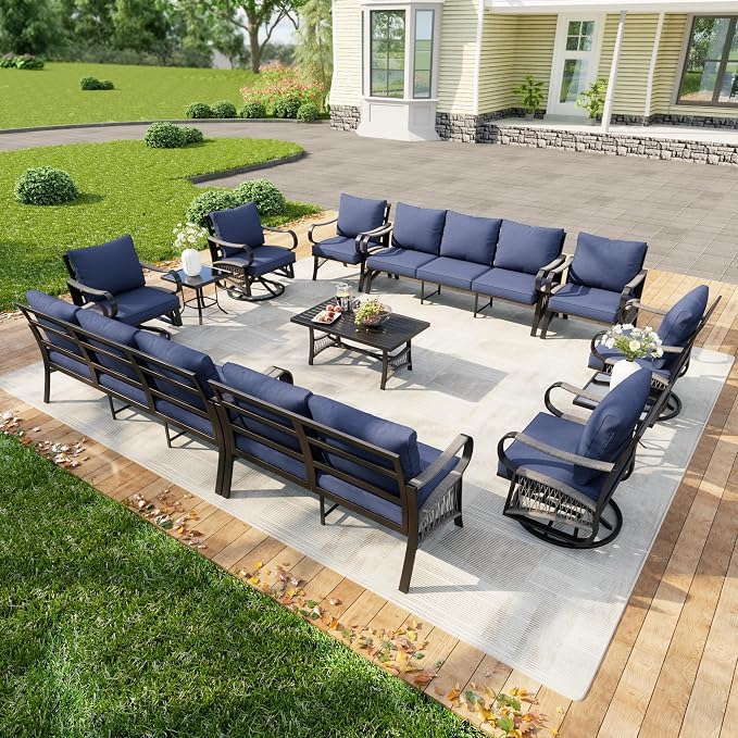 12 Pieces Patio Furniture Set, Metal Outdoor Conversation Sets with Swivel Chairs, Modern Couch Sofa Seating Group with Coffee Table and Side Table (Thick Blue Cushions)