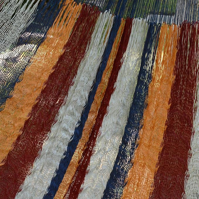 NOVICA Blue Yellow White Striped Hand Woven Nylon Mayan 1 Person Rope Hammock with Hanging Accessories, 'Durango' (Single)