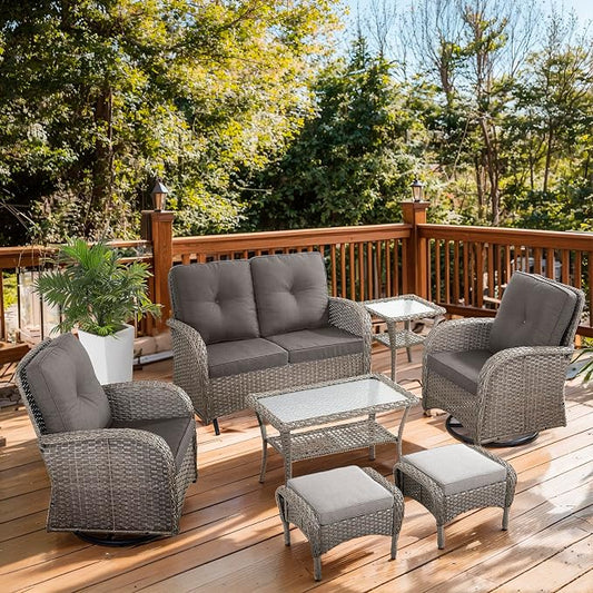 7 Piece Patio Furniture Set - Wicker Patio Conversation Set with Swivel Glider, Glider Loveseat, Tempered Glass Side Table and 2 Ottomans for Deck Backyard - Grey Wicker Grey Cushion