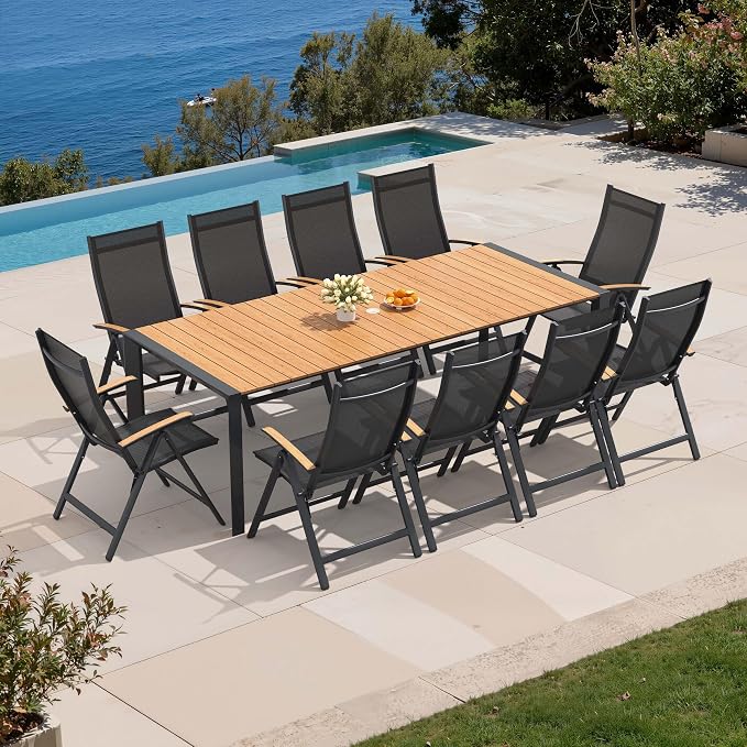 11-Piece Patio Dining Set,95in Aluminum Outdoor Table with 10 Chairs | Adjustable Reclining Back& Wood Grain Tabletop with Umbrella Hole for Garden Backyard Porch, Brown