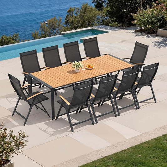 11-Piece Patio Dining Set,95in Aluminum Outdoor Table with 10 Chairs | Adjustable Reclining Back& Wood Grain Tabletop with Umbrella Hole for Garden Backyard Porch, Brown