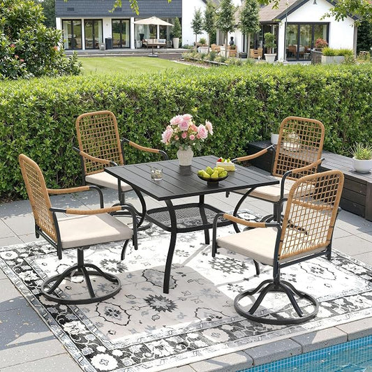 DIFY 5 Pieces Outdoor Dining Set, Metal Patio Table and Chairs Set for 4, 37.8" Square Dining Table with Umbrella Hole & Wicker Swivel Patio Chairs with Cushions, Black Tabletop