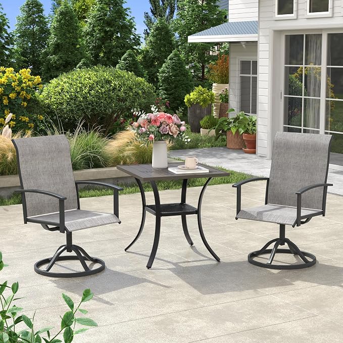 VICLLAX Outdoor Table and Chairs Set for 2, Small Patio Dining Set with 27.5" Metal Square Patio Table & 2 Swivel Outdoor Dining Chairs for Backyard Lawn Porch Garden, Grey & Antique Grey