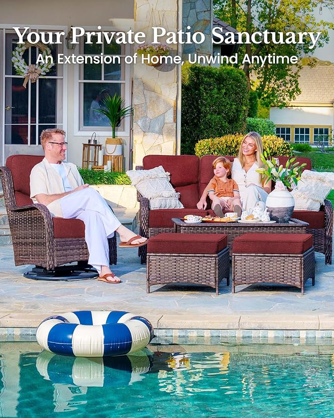 HILLGA 6-Piece Luxury Patio Furniture Set with 6" Thick Cushions, Weather-Resistant Wicker High Back Swivel Rocker Chairs, Senior-Friendly Outdoor Loveseat Set for Deck and Poolside, Burgundy(V2)