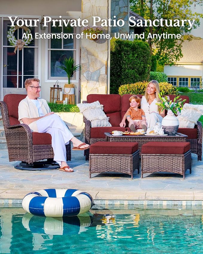 HILLGA 10-Piece Luxury Patio Furniture Set with 6" Thick Cushions, Weather-Resistant Wicker High Back Swivel Rocker Chairs, Senior-Friendly Outdoor Sofa Set for Large Deck and Poolside, Burgundy(V2)