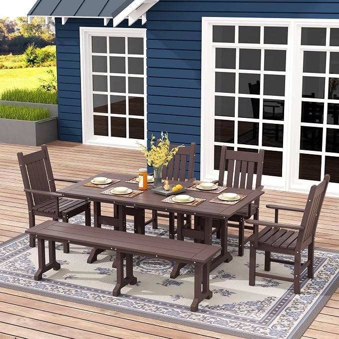 WO Home Furniture Adirondack Patio Dining Chair Table Bench Set of 6 PCS Rectangle Dinner Table Dining Arm-Chairs (Dark Brown)