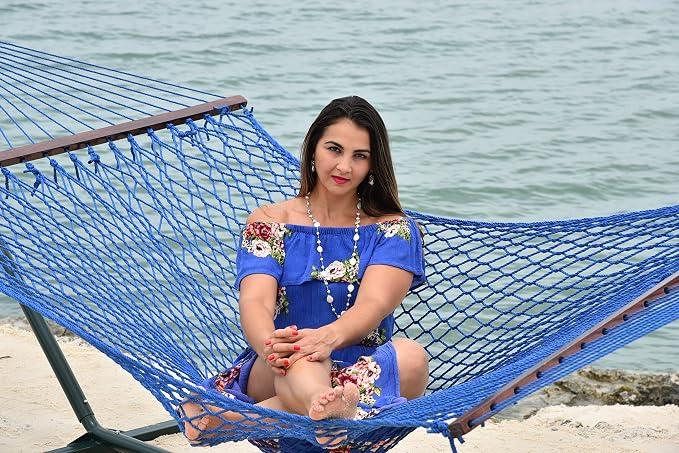 Island Escape Rope Hammock and Stand Set (Mocha Stand and Dark Blue Hammock)