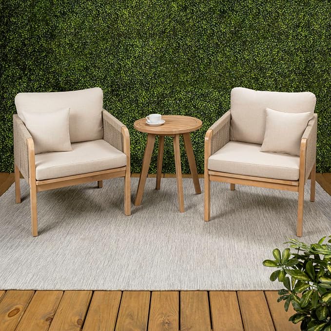 JONATHAN Y Aveiro Coastal 3-Piece Acacia Wood Outdoor Patio Conversation Set, Rope Woven Armchairs with Cushions and Round Side Table for Backyard, Porch, Garden, Light Teak/Beige LVG1204A-3SET