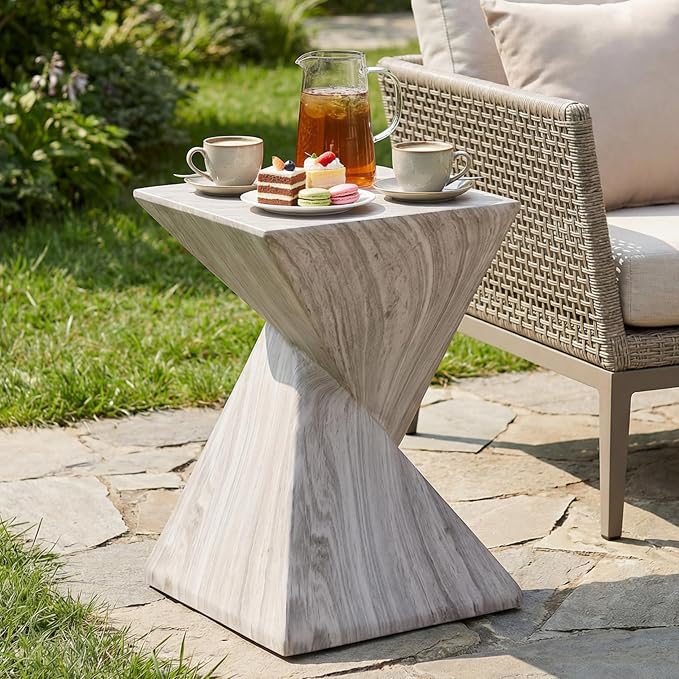 Merax 18.5" H Modern Outdoor Concrete Side Table, Patio End Table with Sculptural Fluted Design, Weather-Resistant Geometric Minimalism Accent Table for Garden, Balcony & Poolside, Gray Marble