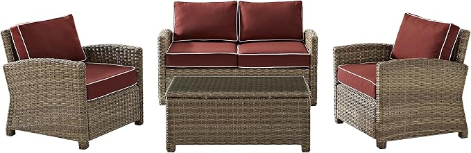 Crosley Furniture Bradenton 4-Piece Outdoor Loveseat Patio Furniture Set, Wicker Conversation Sets for Porch, Brown with Sangria Cushions