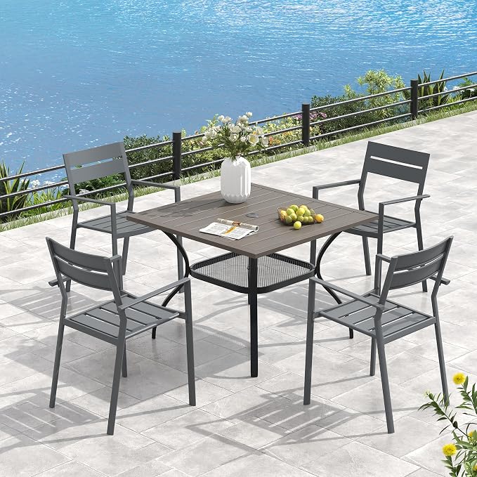 VICLLAX Outdoor Patio Dining Table for 4, Square Patio Table with Umbrella Hole for Patio Lawn Deck Backyard, Antique Grey Tabletop