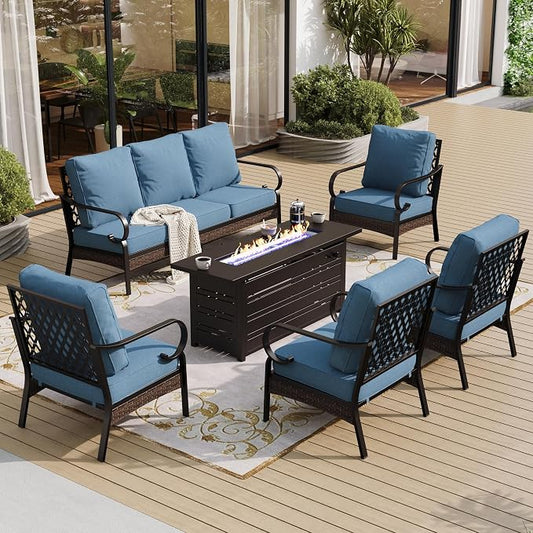 SUNSHINE VALLEY 6 Piece Metal Outdoor Patio Furniture Sets with Firepit Table, Patio Conversation Sets 1 3-Seater Sofa, 4 Single Sofa with 5.75" Extra Cushion Backyard Furniture for Deck, Denim Blue