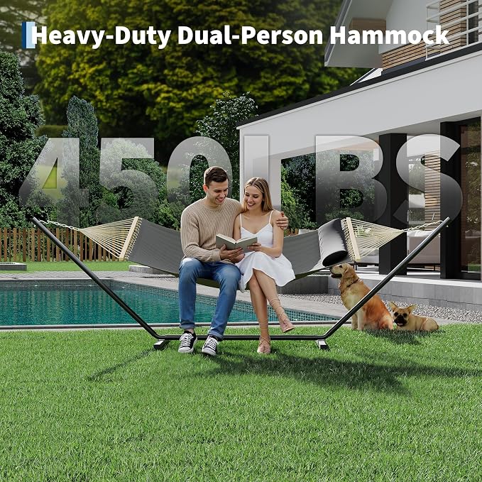 Double Hammock with Stand, 2 Person Heavy Duty Outdoor Hammock with 12FT Stand, Adjustable Steel Frame, Detachable Pillow, Carry Bag Included, 450lbs Capacity, Indoor Outdoor Swing Bed– Dark Gray
