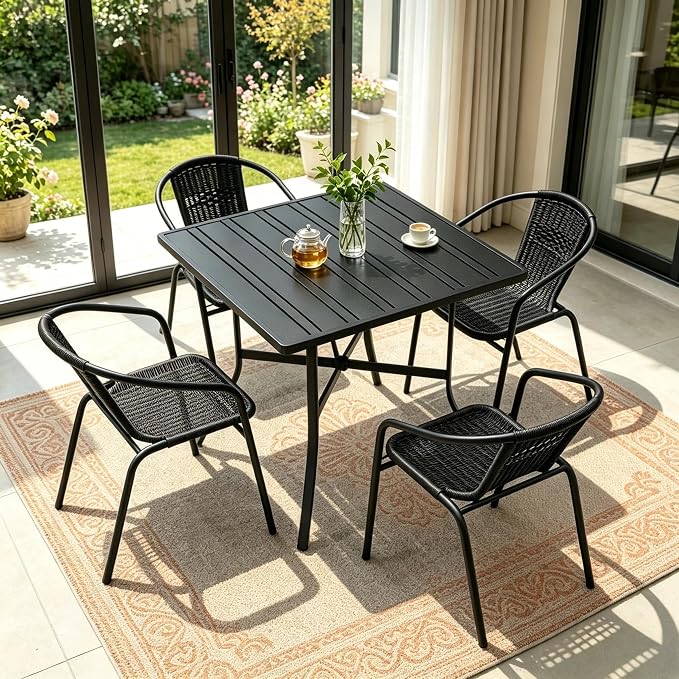 4-Person Small Metal Square Table for Outdoor Patio, Sturdy Backyard Dining Table with Slatted Top & Umbrella Hole, Modern Weatherproof Table for Lawn, Poolside & Balcony