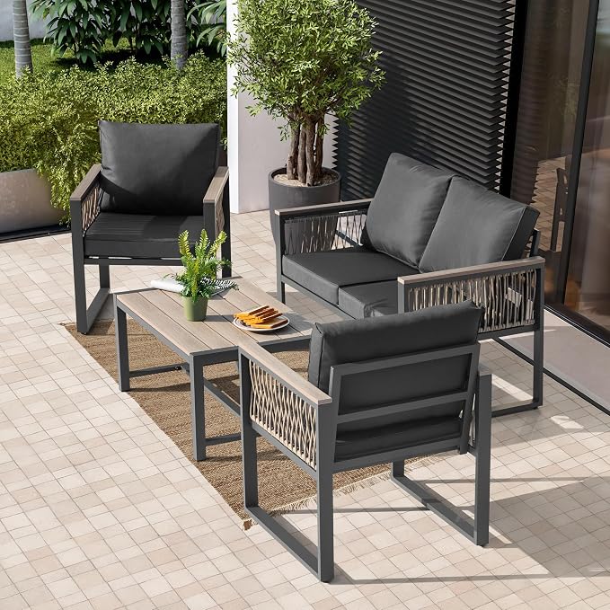 NUU GARDEN 4 Pieces Outdoor Patio Furniture Set, 4 Seats Sectional with Coffee Table, All Weather Wicker Patio Conversation Sets with Armrests and Cushions,Patio Set for Backyard, Garden and Poolside