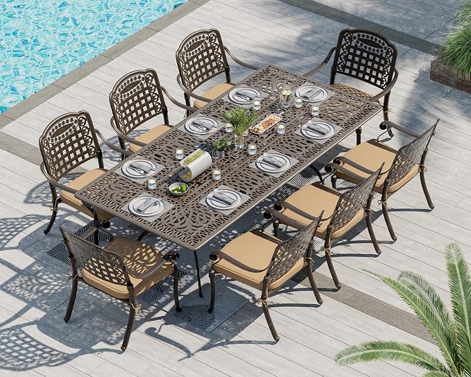 TITIMO 9-Piece Cast Aluminum Patio Furniture Set, Outdoor Patio Dining Set Bistro Conversation Set, Rectangular Dining Table Set w/Cushions Umbrella Hole (Khaki-Fixed Grid Chair, 9 Pcs)