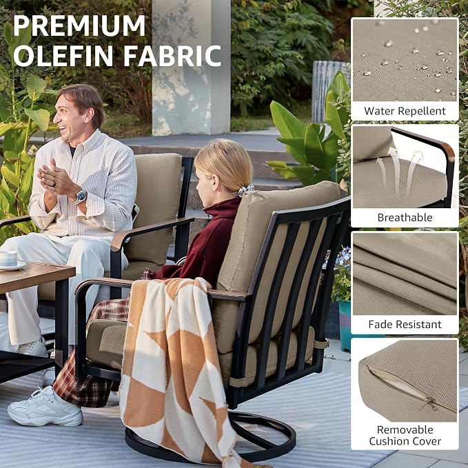 NATURAL EXPRESSIONS Patio Furniture Sets,Modern Metal Outdoor Conversation Sofa Set with 4 Pc High Back Swivel Rocking Chairs,Anti-Scald Armrest,Double-Deck Wooden-GrainTable, 6" Cushions for Balcony