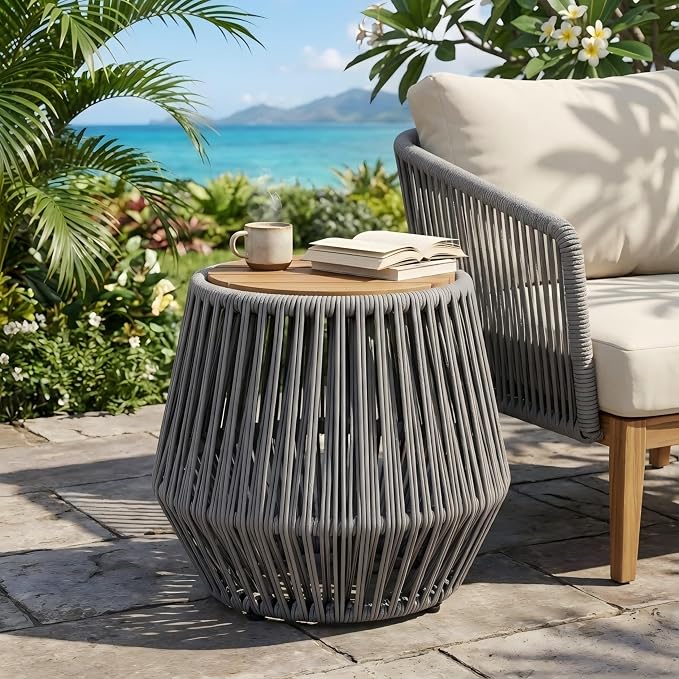 Polibi Outdoor Side Table with Handwoven Rope Base, Weather-Resistant Outdoor/Indoor Accent Table for Patio, Garden, Coastal & Bohemian Decor (Grey + Teak)