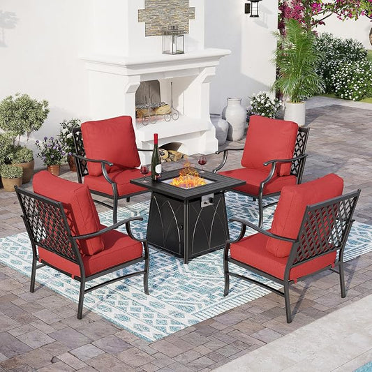 SUNSHINE VALLEY 5 Piece Metal Outdoor Patio Furniture Set with Fire Pit Table, Patio Conversation Sets 4 Fixed Chairs with 5.75" Thick Cushion and 5000 BTU Fire Pit Table, Backyard Furniture, Red
