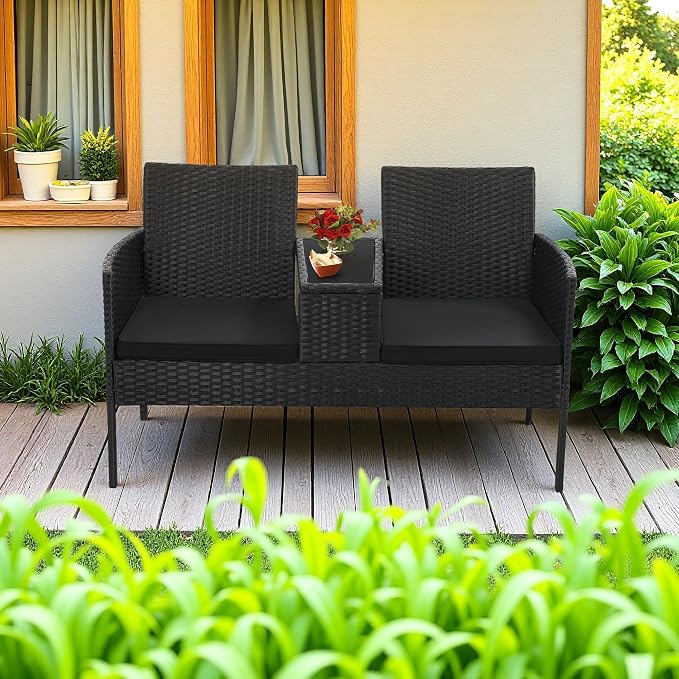 KROFEM Wicker 2-Seat Patio Conversation Sets, Outdoor Rattan Loveseat with Side Table and Removable Soft Cushion, Perfect for Backyard, Garden and Lawn, Black