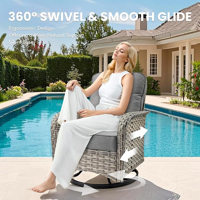 9 Pcs Patio Outdoor Furniture Set - All Weather Wicker Outdoor Sectional Sofa Couch with Swivel Fire Pit Table and Rocking Chairs e,Patio Rattan Conversation Set for Garden Deck Yard,Dark Grey
