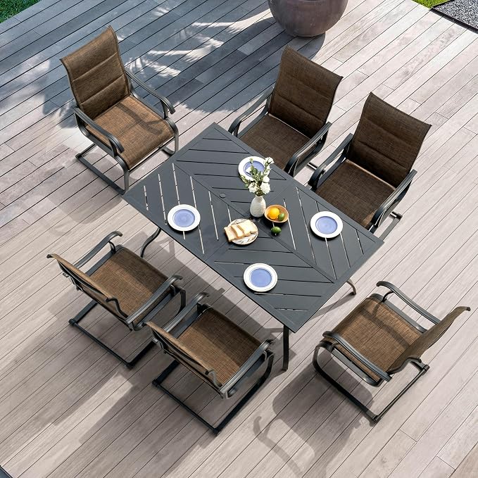 NUU GARDEN 7 Piece Patio Dining Set, 6 Padded Textilene Chairs and 61" Rectangular Dining Table with 1.77" Umbrella Hole, Outdoor All Weather Furniture Set for Garden, Patio, Brown and Black
