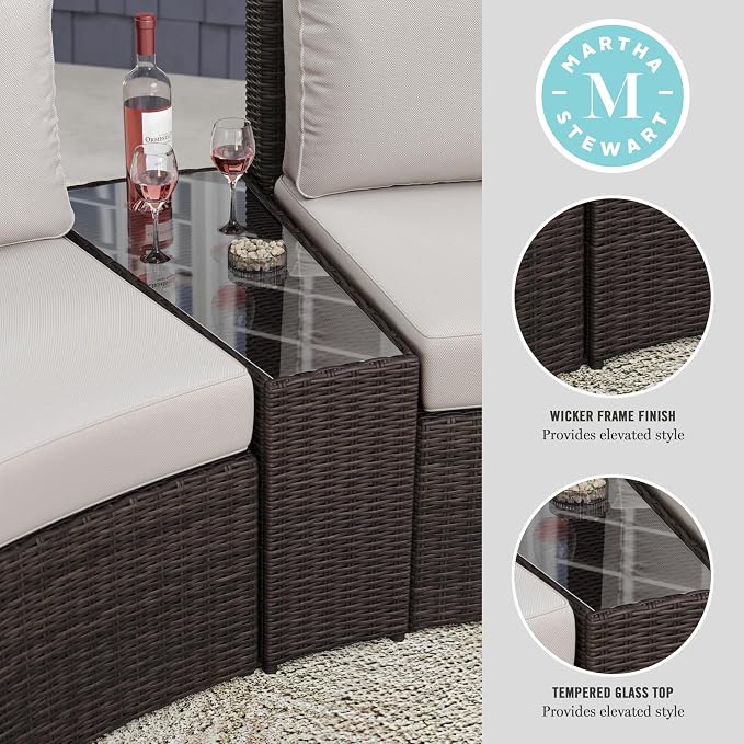 Martha Stewart Bedford Indoor-Outdoor Tapered Patio Side Table with Inset Tempered Glass Top and Rattan Wicker Finish in Brown
