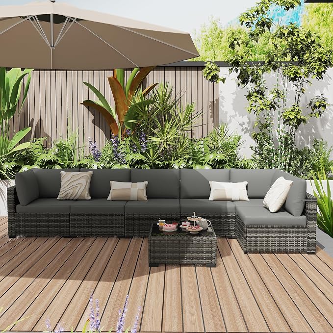 KIGOTY Patio Furniture Set,7 Pieces Modular Outdoor Sectional Sofa, PE Rattan Patio Conversation Set, All Weather Wicker Patio Furniture with Cushions and Coffee Table（Light Grey/Light Grey）