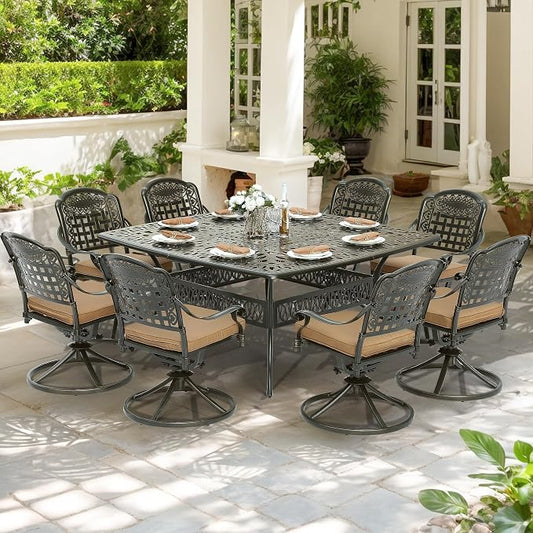 SOCIALCOMF 9-Piece Patio Cast Aluminum Dining Set, Outdoor Table and Chairs Set for 8, Includes 64" Large Square Dining Table and 8 Swivel Rocker Chairs with Umbrella Hole for Lawn Garden, Tan