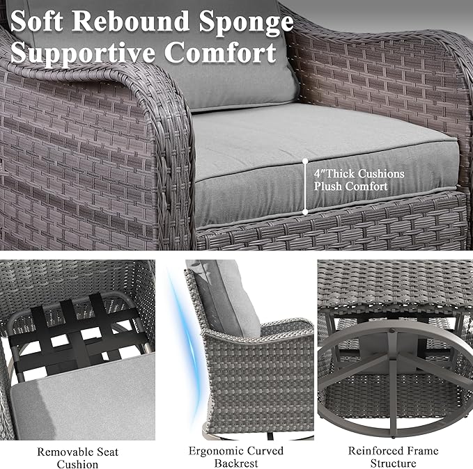 3 Piece Patio Furniture Set with Swivel Rocking Chairs, Outdoor Wicker Conversation Set with 4" Cushions, Glass Side Table, PE Rattan and Rust-Resistant Frame, Grey