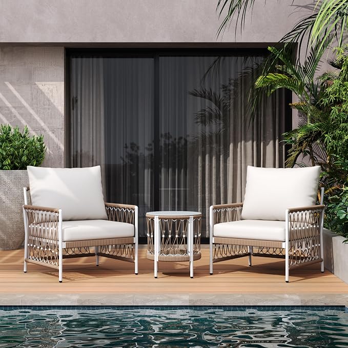 Christopher Knight Home Gwen 3-Piece Bohemian Outdoor Patio Furniture Set, Set of 2 Lounge Chairs with Cushions & Glass Top Side Table, Patio Conversation Set for Garden, Poolside, Beige + Natural