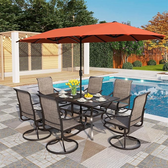 PHI VILLA Patio Dining Set with 13ft Outdoor Orange Red Umbrella, 6 Padded Textilene Dining Chair and 1 Large Metal Table, Outdoor Table and Chair for Patio Lawn Garden (No Umbrella Base)